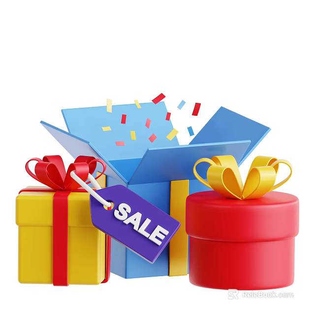 Decorative Ornament Set Featuring Open Yellow Red Gift Boxes Bows Colorful Confetti and Sale Tag 3d model 