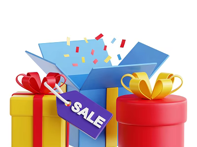 Decorative Ornament Set Featuring Open Yellow Red Gift Boxes Bows Colorful Confetti and Sale Tag 3d model