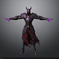 Man in Purple Armor with Horns Red Tattered Cape and Purple Glowing Hands