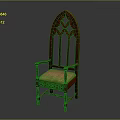 Wooden Leisure Chair With Carved Design Pointed Arch Backrest Armrests And Striped Seat