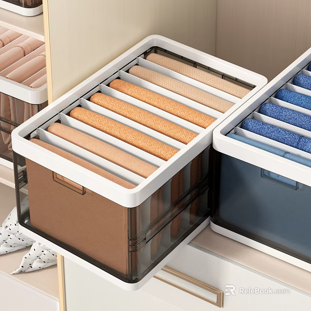 Neatly Folded Colorful Clothes In Transparent Storage Boxes For Closet Organization 3d model 