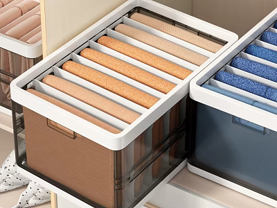 Neatly Folded Colorful Clothes In Transparent Storage Boxes For Closet Organization 3d model