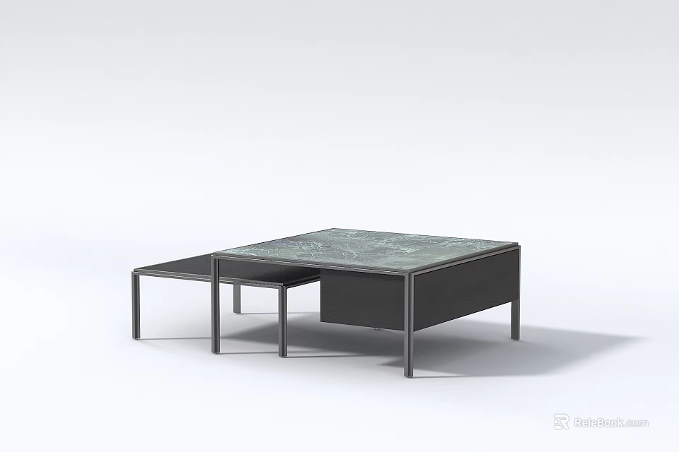 Modern Nested Coffee Table With Marble Textured Top And Black Metal Frame 3d model