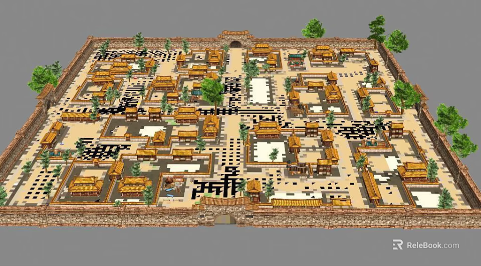 Detailed Ancient City Layout With Traditional Buildings Surrounding Walls And Trees 3d model 