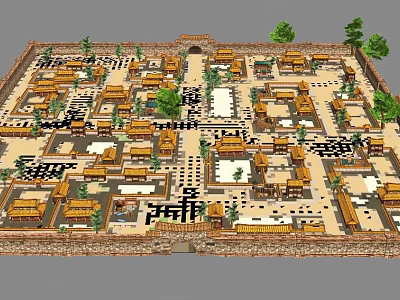 Detailed Ancient City Layout With Traditional Buildings Surrounding Walls And Trees 3d model