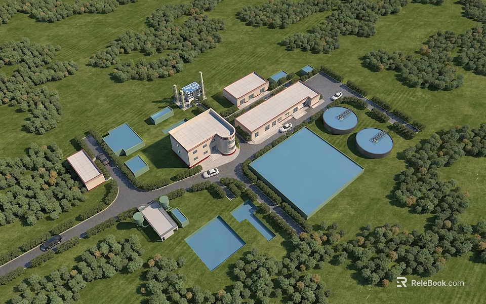 Industrial Plant Complex With Circular Storage Tanks And Green Grass Trees Surroundings 3d model 