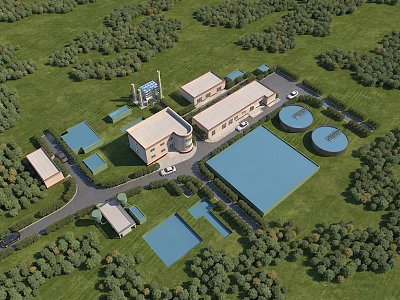 Industrial Plant Complex With Circular Storage Tanks And Green Grass Trees Surroundings 3d model