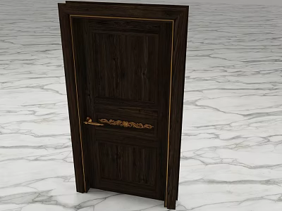 Swing Door Dark Brown Wooden with Gold Accents and Carved Details on Marble Floor Surface 3d model