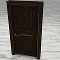 Swing Door Dark Brown Wooden with Gold Accents and Carved Details on Marble Floor Surface