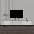 Modern White TV Stand with Decorative Vase Rabbit Ornament and Light Striped Wall