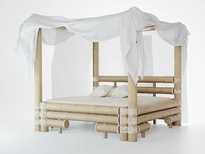 Bamboo Four Poster Double Bed With White Canopy Curtains Natural Simple Design For Bedroom 3d model