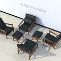 Four Modern Leisure Chairs With Wooden Frame Black Cushions And Two Matching Stools
