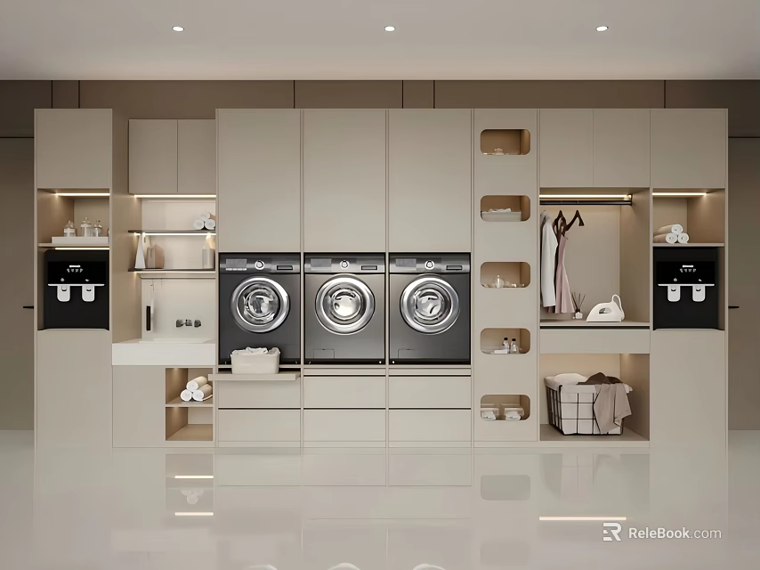 Home Balcony Interior Design With Washing Machines Dryers Storage Cabinets And Hanging Area 3d model 