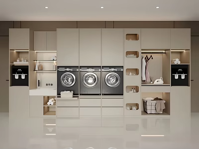 Home Balcony Interior Design With Washing Machines Dryers Storage Cabinets And Hanging Area 3d model