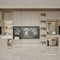 Home Balcony Interior Design With Washing Machines Dryers Storage Cabinets And Hanging Area