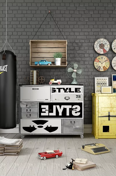 Colorful Modern Console Cabinet And Side Cabinet With Wall Art Clocks And Decorations 3d model