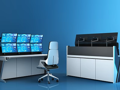 Modern Office Desk With Multiple Monitors White Chair And Cabinet On Blue Background 3d model