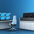 Modern Office Desk With Multiple Monitors White Chair And Cabinet On Blue Background
