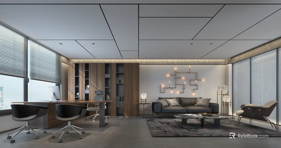 Modern Office Interior With Wooden Desk Black Chair Gray Sofa And Geometric Wall Lights 3d model 