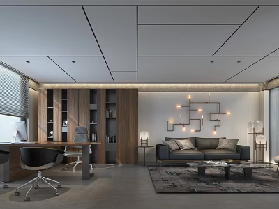 Modern Office Interior With Wooden Desk Black Chair Gray Sofa And Geometric Wall Lights 3d model