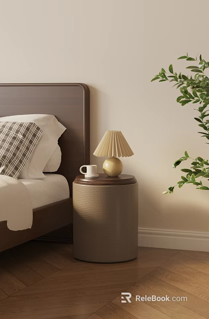 Cylindrical Woven Bedside Table With Gold Lamp White Mug And Green Plant 3d model 