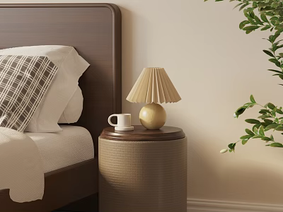 Cylindrical Woven Bedside Table With Gold Lamp White Mug And Green Plant 3d model