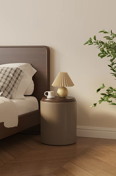 Cylindrical Woven Bedside Table With Gold Lamp White Mug And Green Plant 3d model