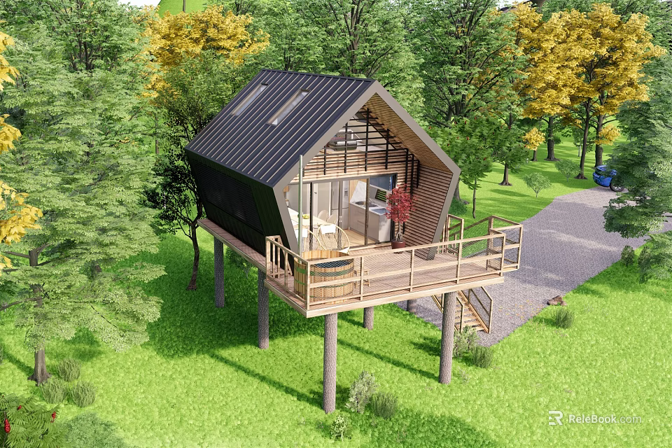 Modern Detached Villa on Stilts with Wooden Deck Green Lawn and Trees 3d model 