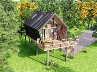 Modern Detached Villa on Stilts with Wooden Deck Green Lawn and Trees 3d model