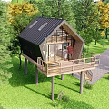 Modern Detached Villa on Stilts with Wooden Deck Green Lawn and Trees