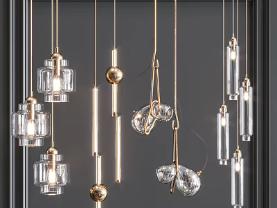 Contemporary Glass Chandeliers with Gold Details and Diverse Shapes in Interior Design 3d model