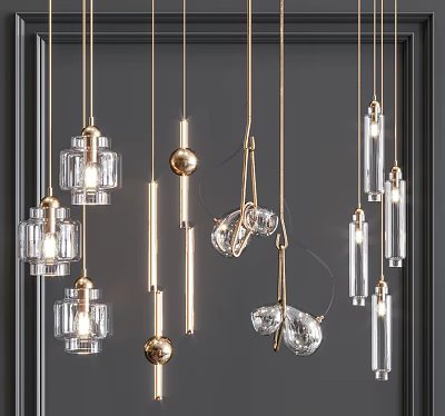 Contemporary Glass Chandeliers with Gold Details and Diverse Shapes in Interior Design 3d model