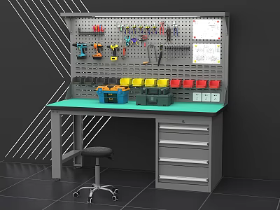 Organized Tool Workbench with Pegboard Tools Colorful Storage Boxes Drawers and Stool 3d model