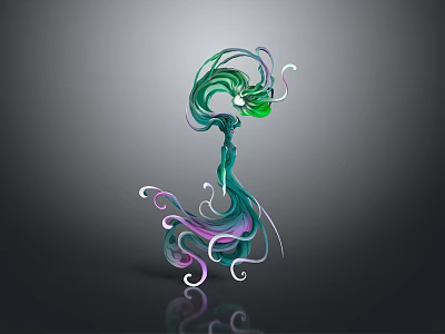 Abstract Green Purple Blue Creature With Twisted Flowing Lines And Dark Gradient Background Reflection 3d model