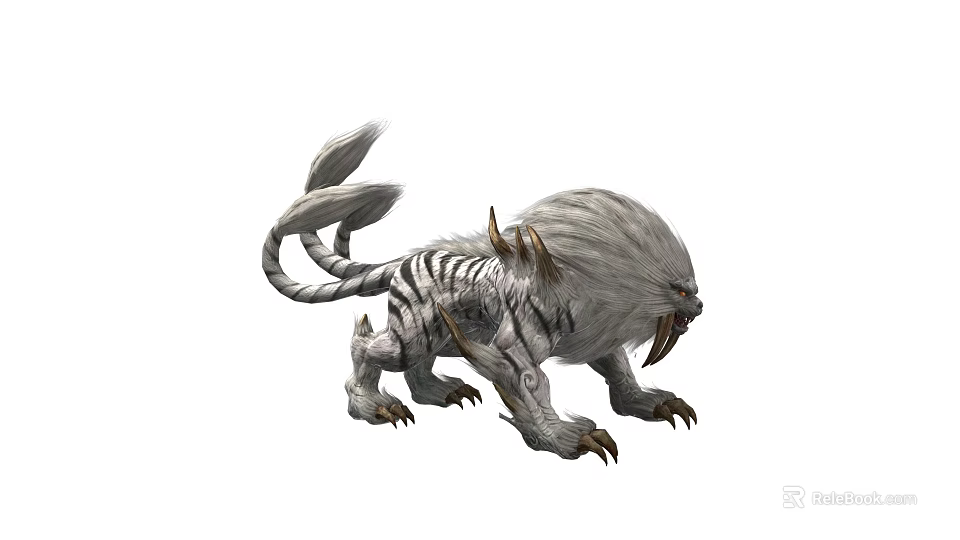 Mythical Fantasy Creature With White Fur Tiger Stripes Sharp Fangs And Horns 3d model 