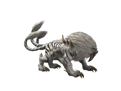 Mythical Fantasy Creature With White Fur Tiger Stripes Sharp Fangs And Horns 3d model