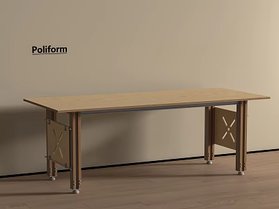 Modern Poliform Desk With Light Wooden Top And Metal Cross Legs 3d model