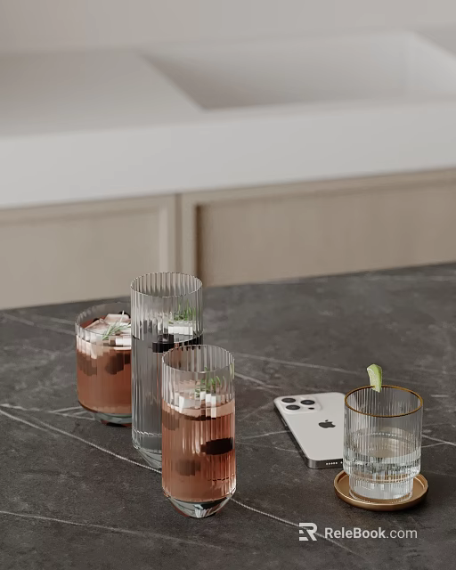 Decorative Ornament Set With Transparent Ribbed Glasses Colored Drinks And Mobile Phone On Dark Countertop 3d model 