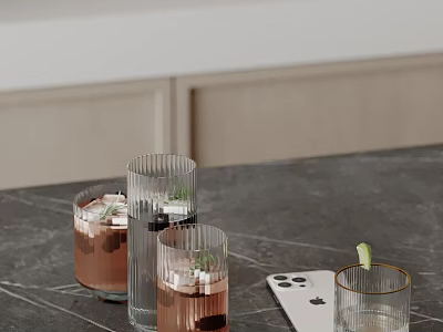 Decorative Ornament Set With Transparent Ribbed Glasses Colored Drinks And Mobile Phone On Dark Countertop 3d model