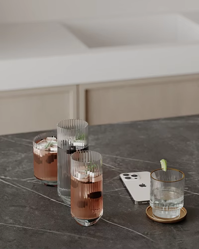 Decorative Ornament Set With Transparent Ribbed Glasses Colored Drinks And Mobile Phone On Dark Countertop 3d model