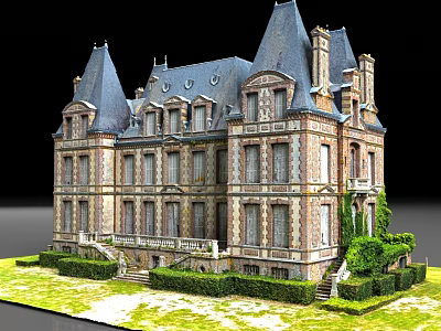 European Building with Steep Roofs Ornate Facades Arched Windows Green Lawn and Trimmed Shrubs 3d model