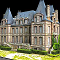 European Building with Steep Roofs Ornate Facades Arched Windows Green Lawn and Trimmed Shrubs