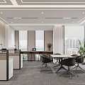 Modern Public Office Space With Open Workstations Desks Chairs Large Windows And Ceiling Lighting