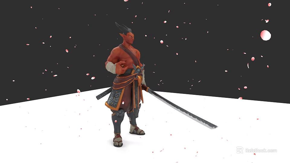 Game Movie Character Samurai Style With Long Sword Traditional Outfit Surrounded By Falling Petals 3d model 