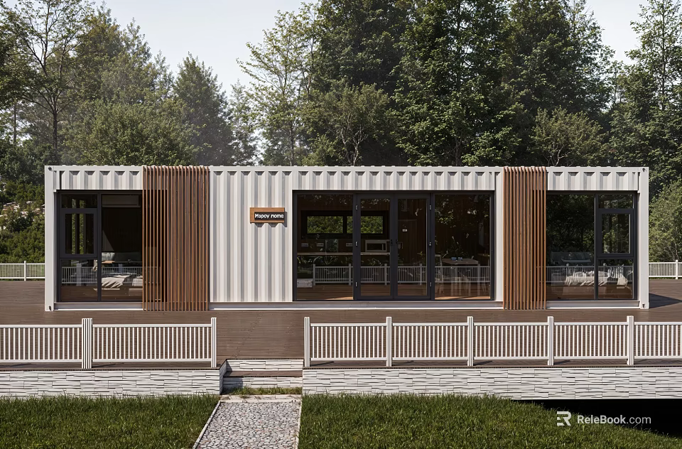 Industrial Workshop Container Structure Modern Exterior With White Railings Front Pathway And Surrounding Trees 3d model 