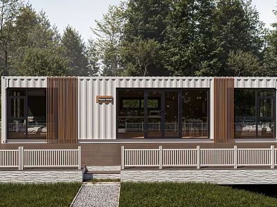 Industrial Workshop Container Structure Modern Exterior With White Railings Front Pathway And Surrounding Trees 3d model