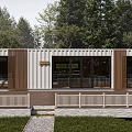 Industrial Workshop Container Structure Modern Exterior With White Railings Front Pathway And Surrounding Trees