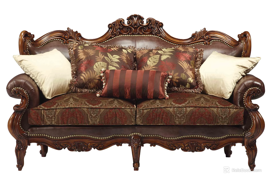 Classic Two Seater Sofa With Ornate Carved Wooden Frame Floral Striped Cushions 3d model 