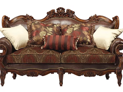 Classic Two Seater Sofa With Ornate Carved Wooden Frame Floral Striped Cushions 3d model