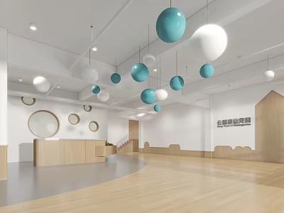 Modern Kindergarten Reception With Colorful Pendant Lights And Wooden Decor 3d model
